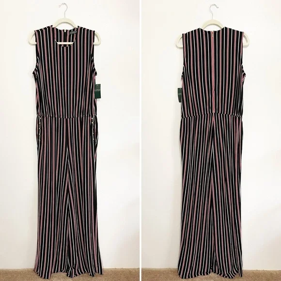 NWT Ralph Lauren Striped Wide-Leg Jumpsuit Black Red White Gold Hardware Size XL - Picture 3 of 10